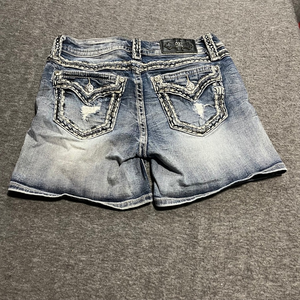 Miss Me Womens Denim Shorts Size 28 Medium Wash Rhinestone Distressed Flap Pocke